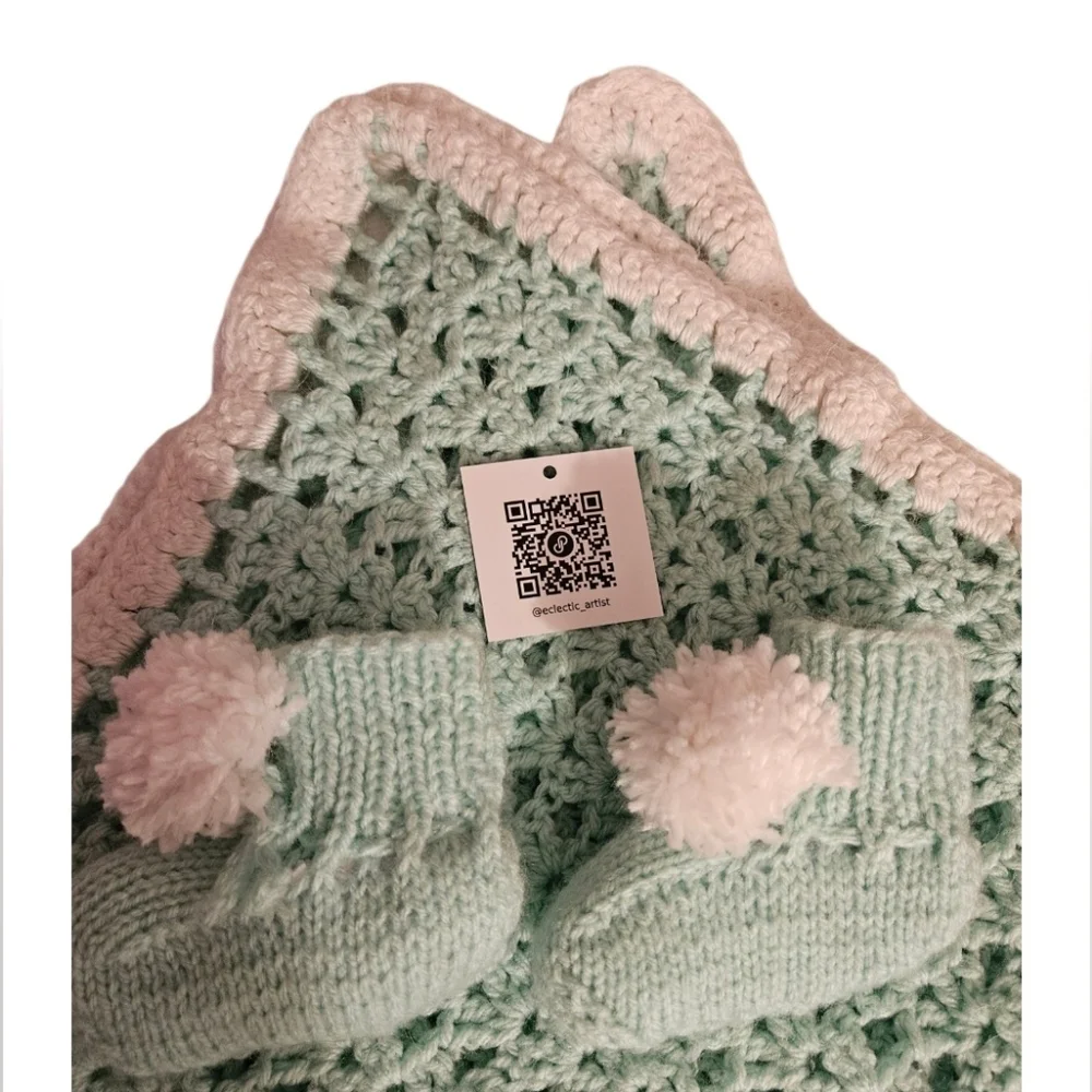 Handmade Mint White Crochet Baby Blanket Booties Set knit Tunisian Vintage Gift